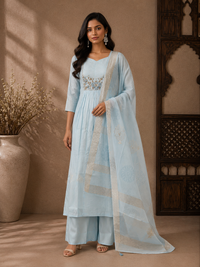 Elegant Sky Blue Mul Chanderi Straight Suit Set with Embroidered Dupatta