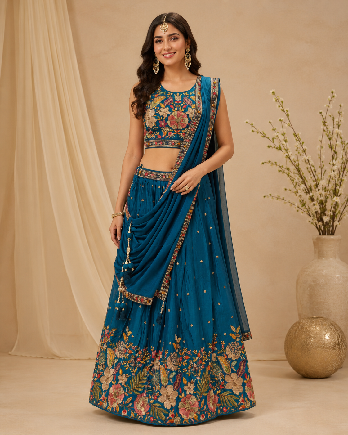 Teal Blue Silk Floral Embroidered Lehenga Set with Dupatta