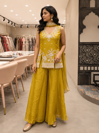 Mustard Yellow Silk Embroidered Short Kurta Set with Flared Palazzo & Dupatta