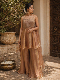 Champagne Gold Tissue Silk Peplum Kurta Set with Palazzo & Dupatta | Luxury Wedding Wear