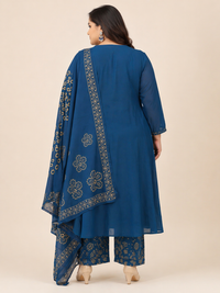 Royal Teal Blue Printed Cotton Kurta Set with Dupatta (Plus Size Friendly)