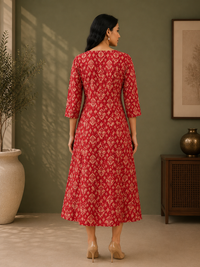 Red Muslin Silk Ethnic Printed A-Line Dress for Women