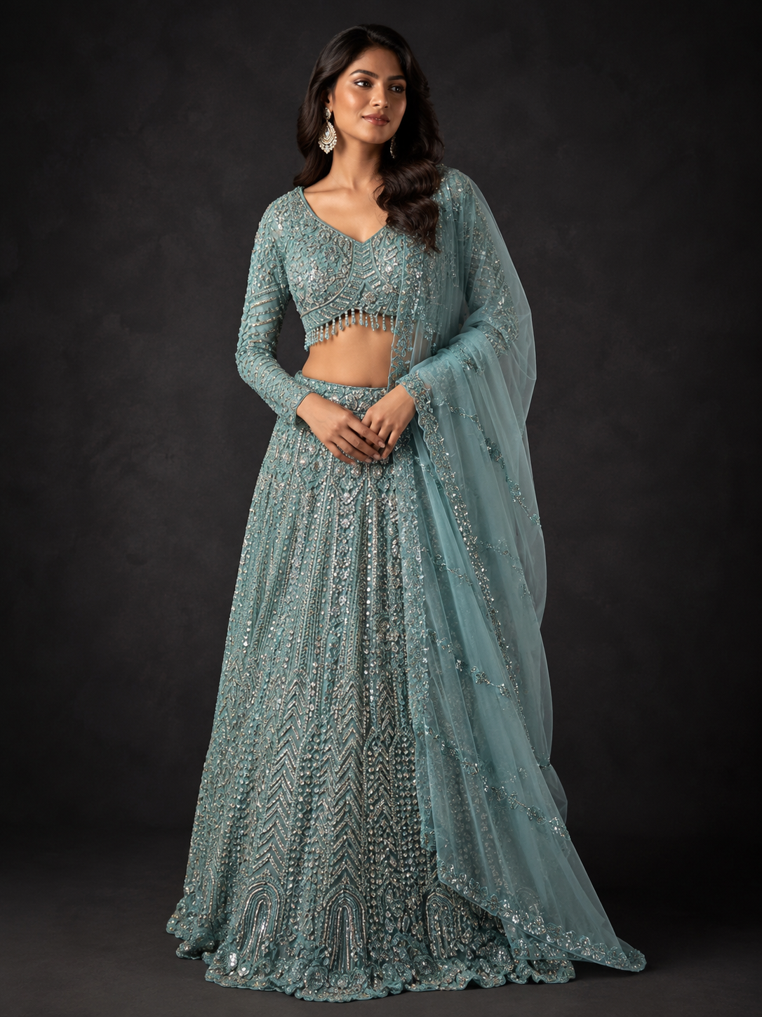 Aqua Blue Silk Designer Lehenga Choli with Heavy Silver Embroidery & Net Dupatta