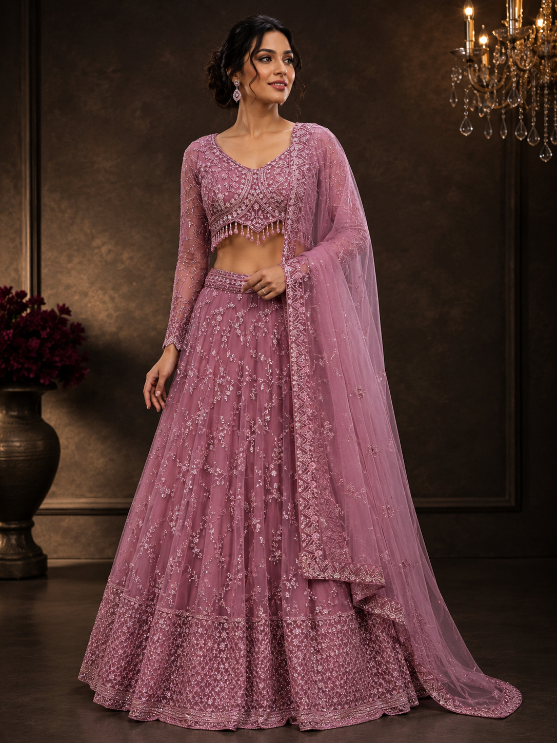 Dusty Pink Silk Designer Lehenga Choli with Heavy Embroidery & Net Dupatta