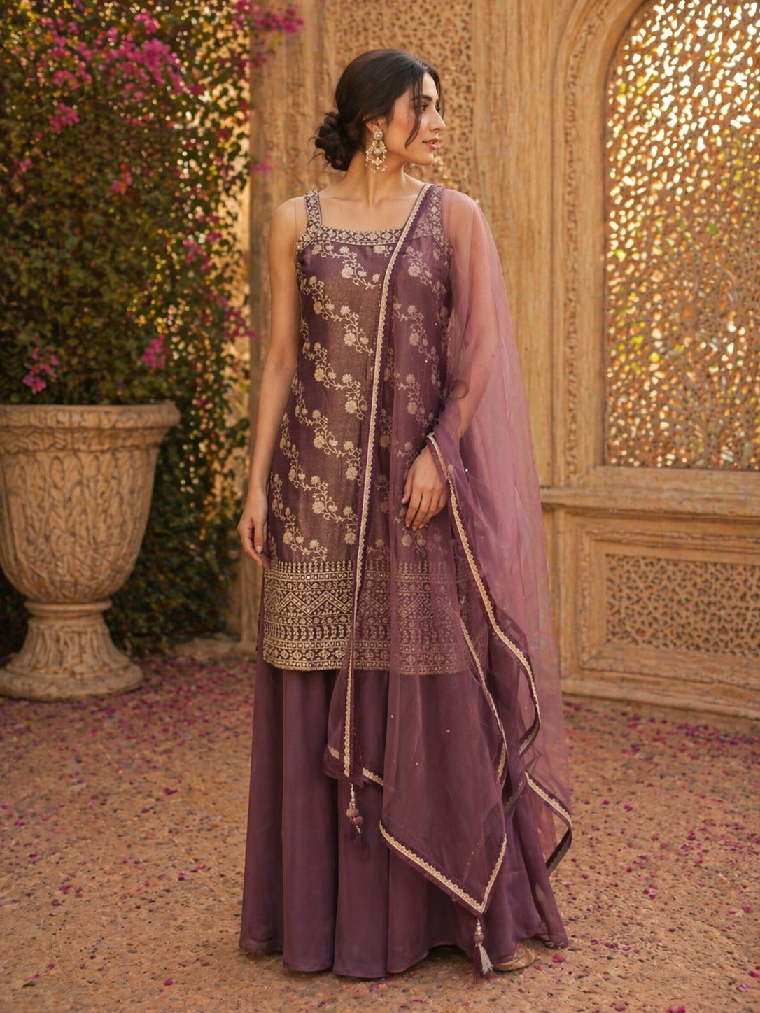 Plum Purple Tissue Silk Kurta Set with Palazzo & Dupatta | Elegant Festive Wear