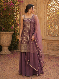 Plum Purple Tissue Silk Kurta Set with Palazzo & Dupatta | Elegant Festive Wear