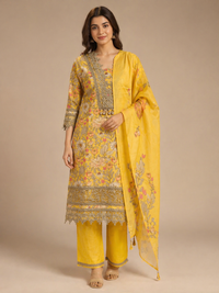 Floral Printed Silk Kurta Set with Embroidered Detailing & Dupatta | Festive & Ethnic Wear