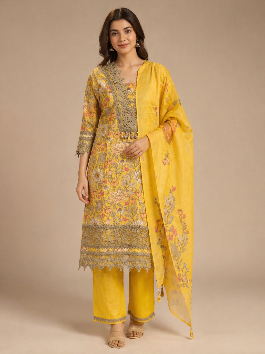Floral Printed Silk Kurta Set with Embroidered Detailing & Dupatta | Festive & Ethnic Wear