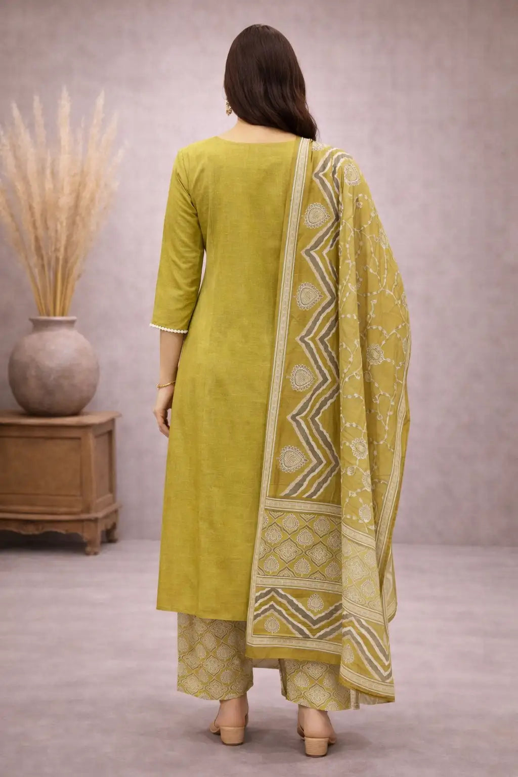 Olive Green Cotton Printed Casual Salwar Suit with Dupatta