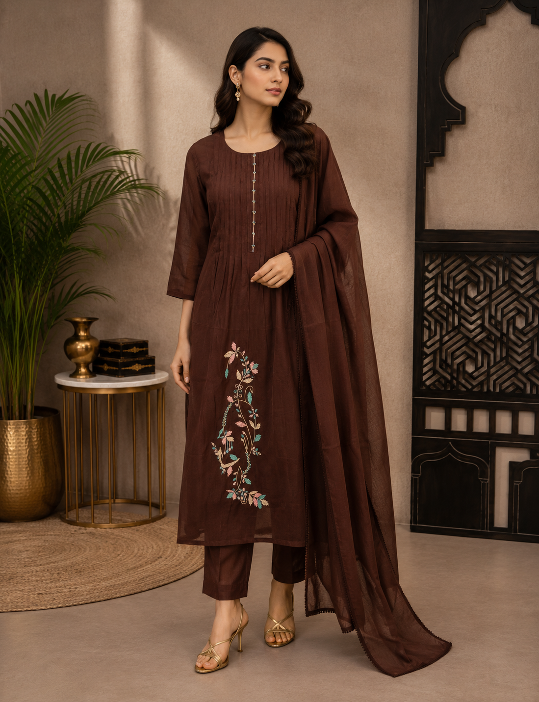 Women's Chocolate Brown Mul Chanderi Embroidered Kurta Pant Set with Dupatta