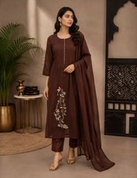 Women's Chocolate Brown Mul Chanderi Embroidered Kurta Pant Set with Dupatta