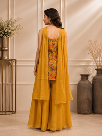 Mustard Silk Floral Printed Sharara Set with Dupatta