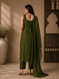 Elegant Olive Green Silk Straight Suit Set with Embroidered Dupatta