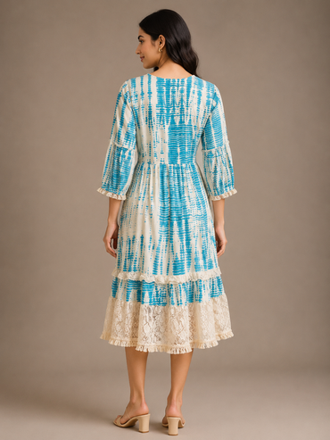 Imported Lycra Aqua Blue Printed Tiered Midi Dress for Women