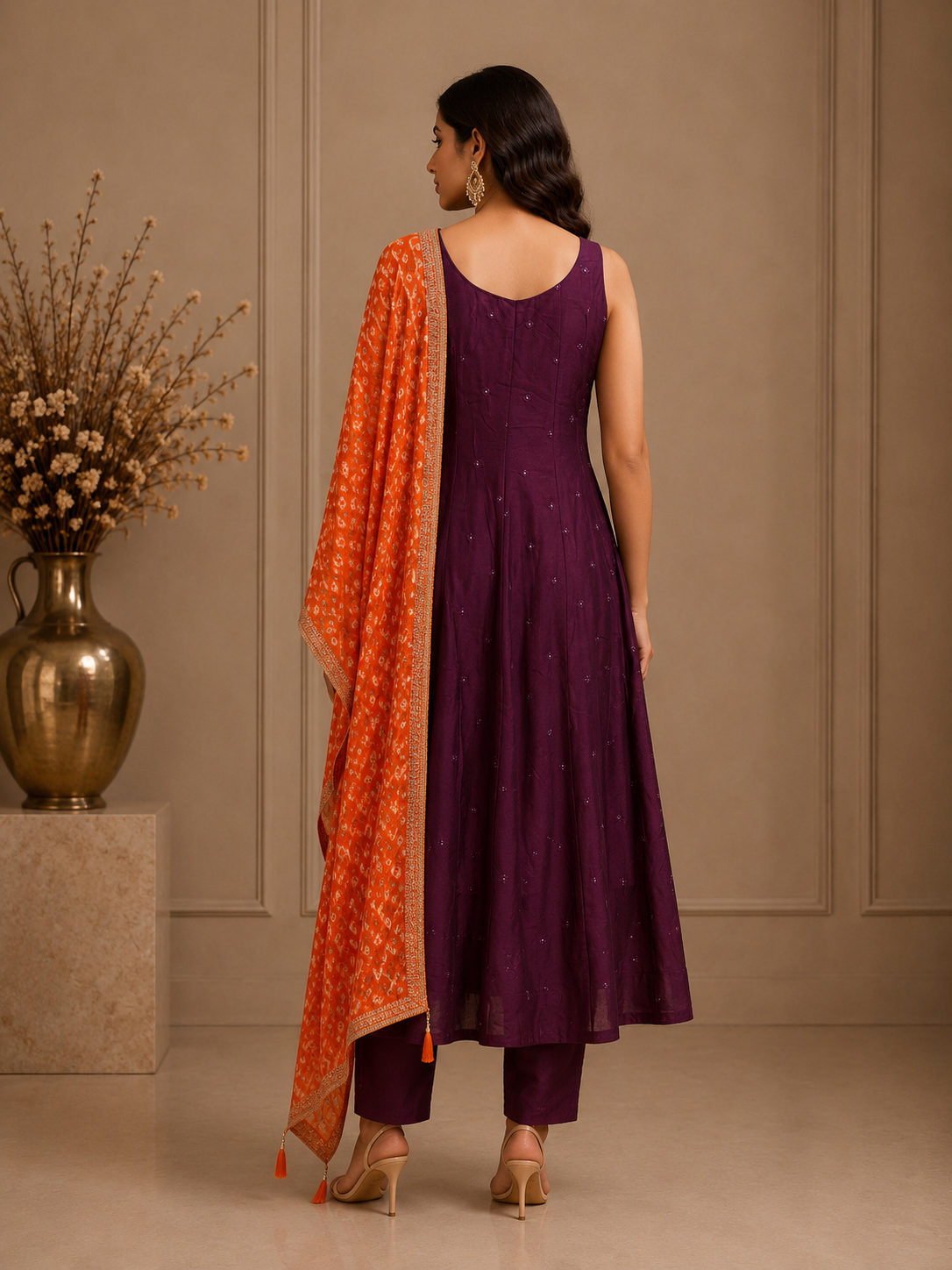 Wine Purple Vichitra Silk Anarkali Suit Set with Orange Bandhani Dupatta