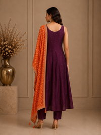 Wine Purple Vichitra Silk Anarkali Suit Set with Orange Bandhani Dupatta