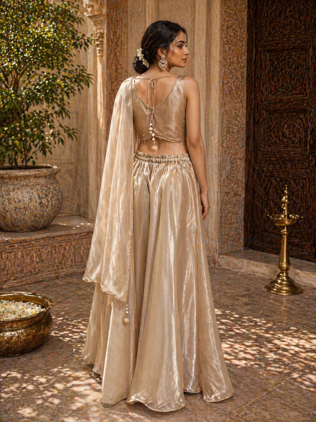 Champagne Gold Tissue Silk Lehenga Set with Embroidered Blouse & Dupatta | Luxury Wedding Wear
