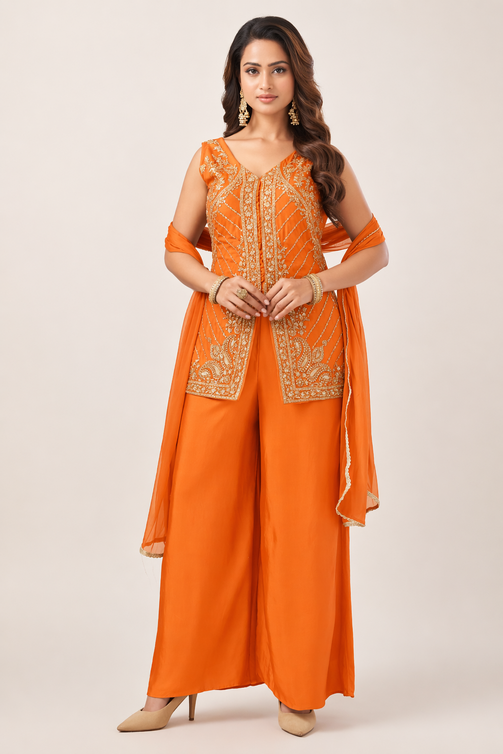 Orange Embroidered Silk Kurta Set with Palazzo & Dupatta
