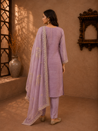 Lavender Tissue Silk Embroidered Kurta Set with Straight Pants & Dupatta