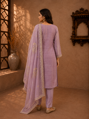 Lavender Tissue Silk Embroidered Kurta Set with Straight Pants & Dupatta