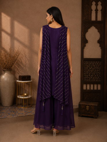 Premium Silk Kurta Set with Flared Palazzo & Embroidered Organza Dupatta – Royal Purple