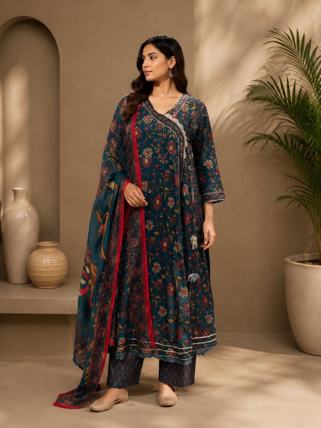 Women's Cotton Angrakha Kurta Pant Set with Dupatta & Gota Patti Work