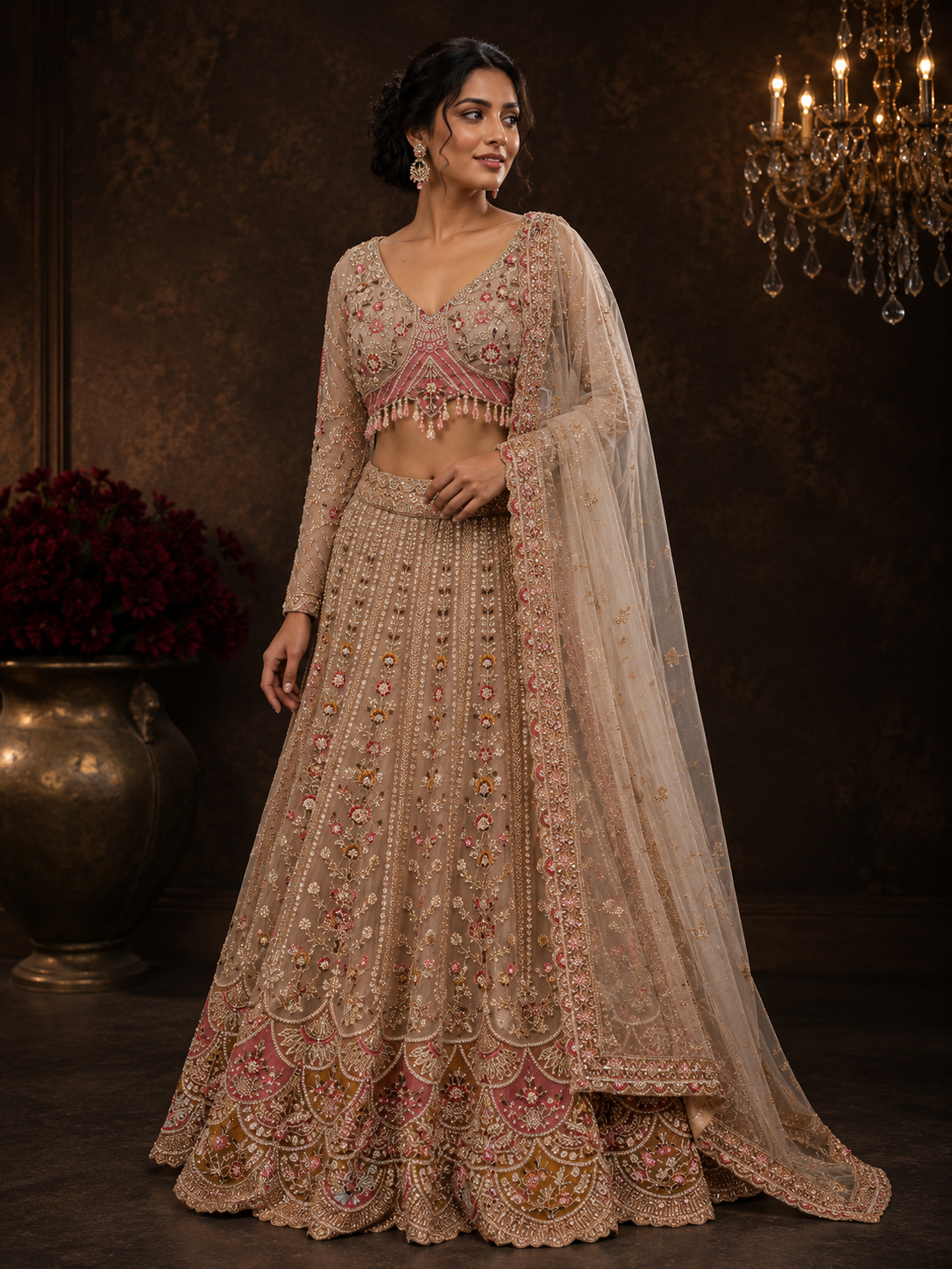 Champagne Gold Silk Designer Lehenga Choli with Heavy Embroidery & Net Dupatta