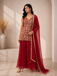 Premium Georgette Sharara Suit Set with Paisley Embroidered Kurta & Dupatta – Deep Red