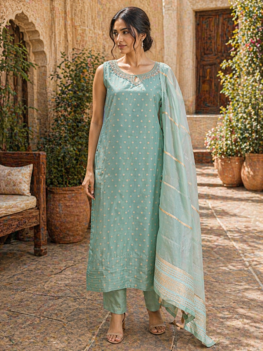Pastel Mint Chanderi Silk Straight Suit Set with Gold Motifs & Dupatta