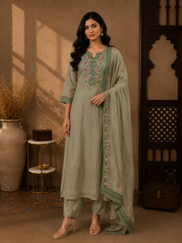 Premium Mul Chanderi Embroidered Kurta Set with Dupatta – Sage Green
