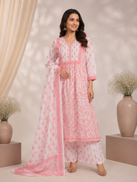 Women's Pink Cotton Printed Kurta Palazzo Set with Dupatta