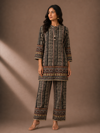 Black & Beige Printed Silk Blend Kurta Pant Set