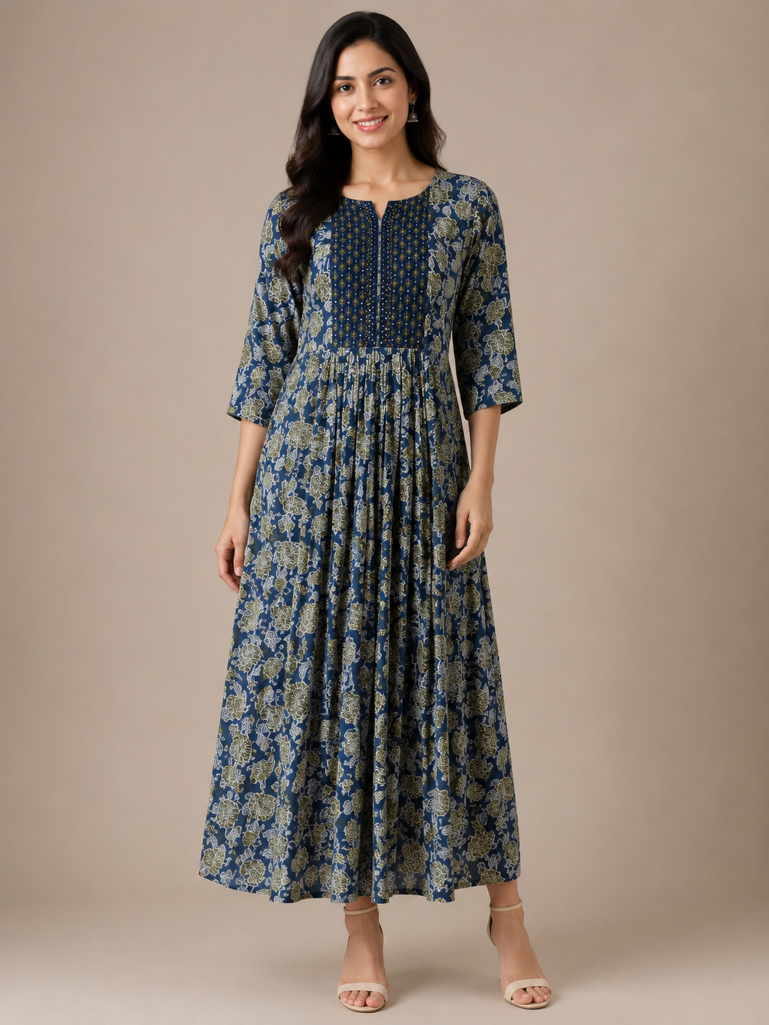 Navy Blue Imported Lycra Floral A-Line Maxi Dress
