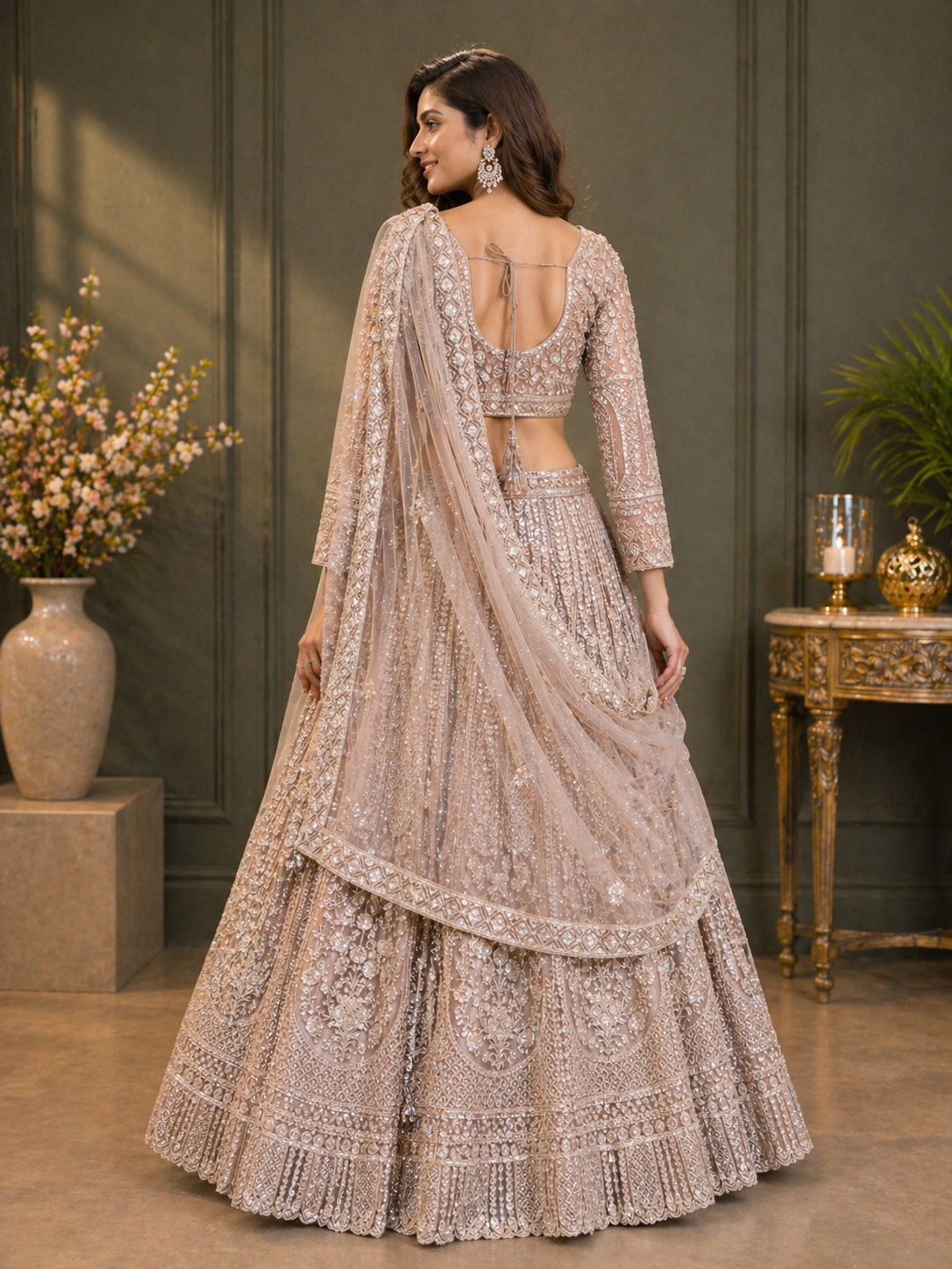 Champagne Beige Embroidered Bridal Lehenga Set with Net Dupatta