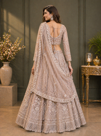 Champagne Beige Embroidered Bridal Lehenga Set with Net Dupatta