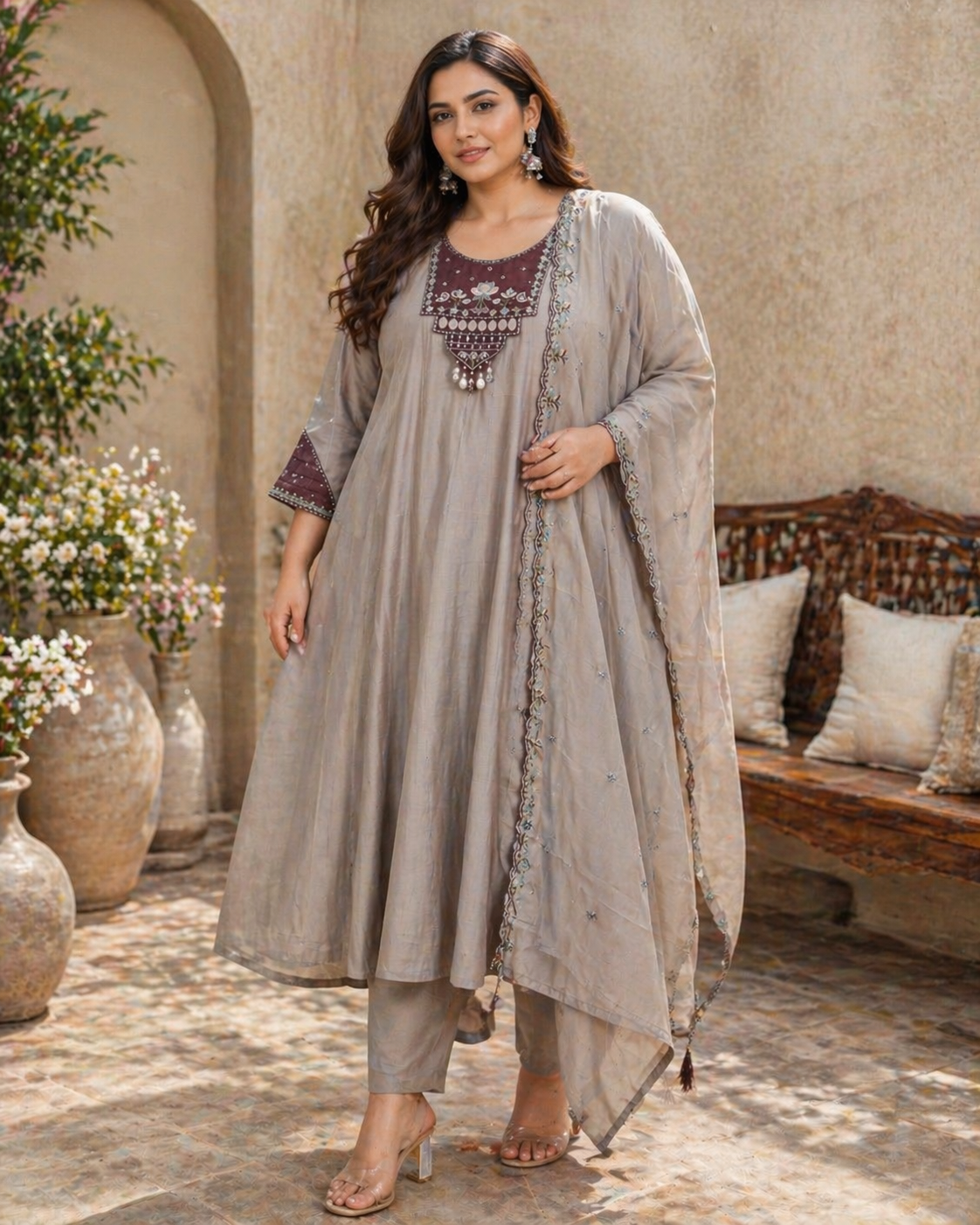 Elegant Taupe Embroidered Silk Anarkali Kurta Set with Dupatta