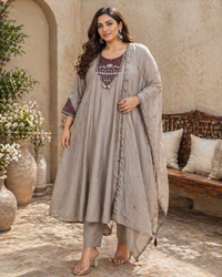 Elegant Taupe Embroidered Silk Anarkali Kurta Set with Dupatta