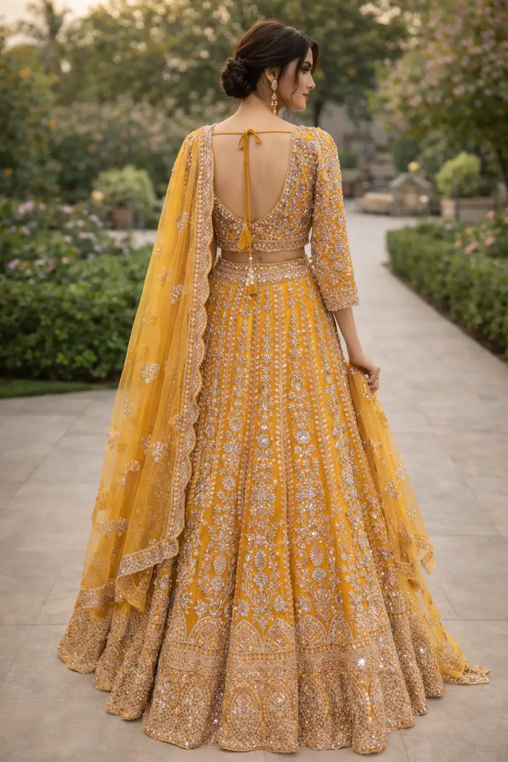 Mustard Yellow Net Embroidered Lehenga Set