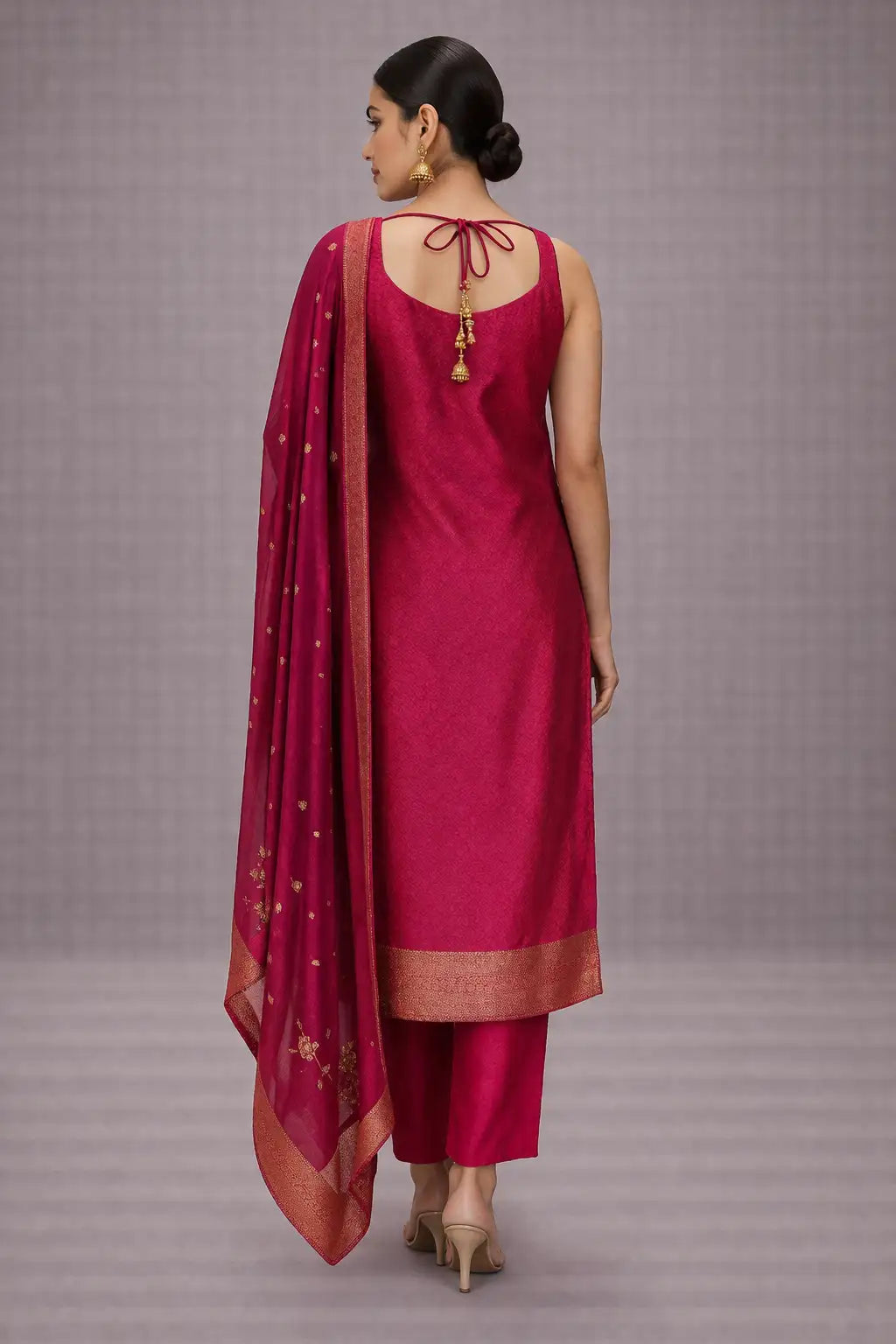 Women's Magenta Silk Embroidered Kurta Pant Set with Dupatta