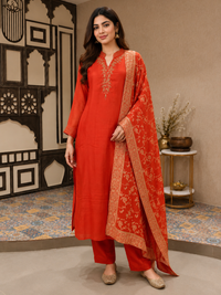 Radiant Red Vichitra Silk Embroidered Kurta Set with Woven Dupatta