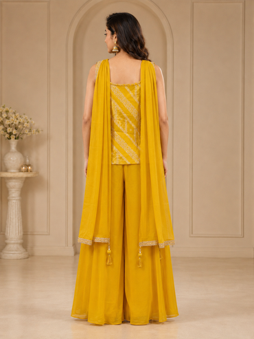 Tissue Banaras Embroidered Short Kurta Palazzo Set with Dupatta – Mustard Yellow