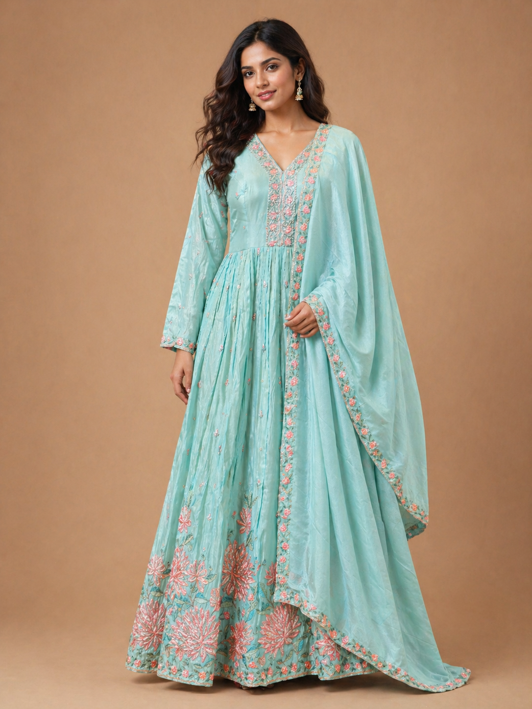 Aqua Blue Floral Anarkali Set with Dupatta | Wedding & Mehendi Wear