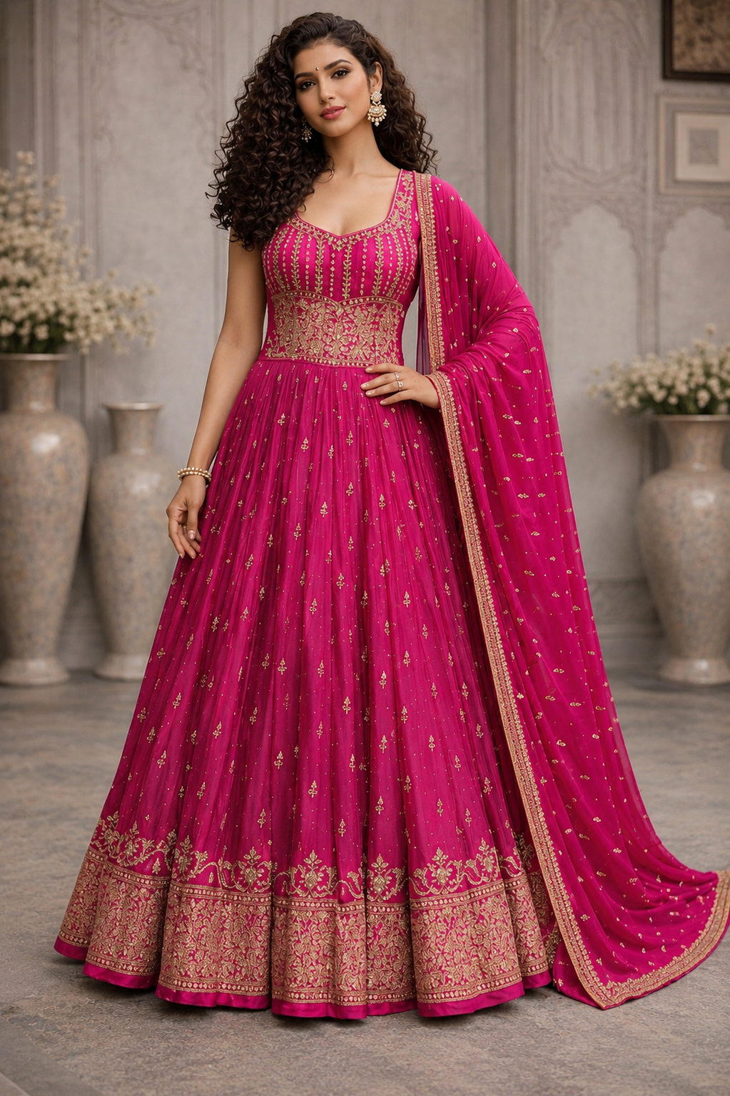 Luxury Pink Embroidered Anarkali Gown Set with Dupatta