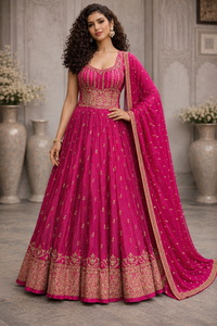 Luxury Pink Embroidered Anarkali Gown Set with Dupatta