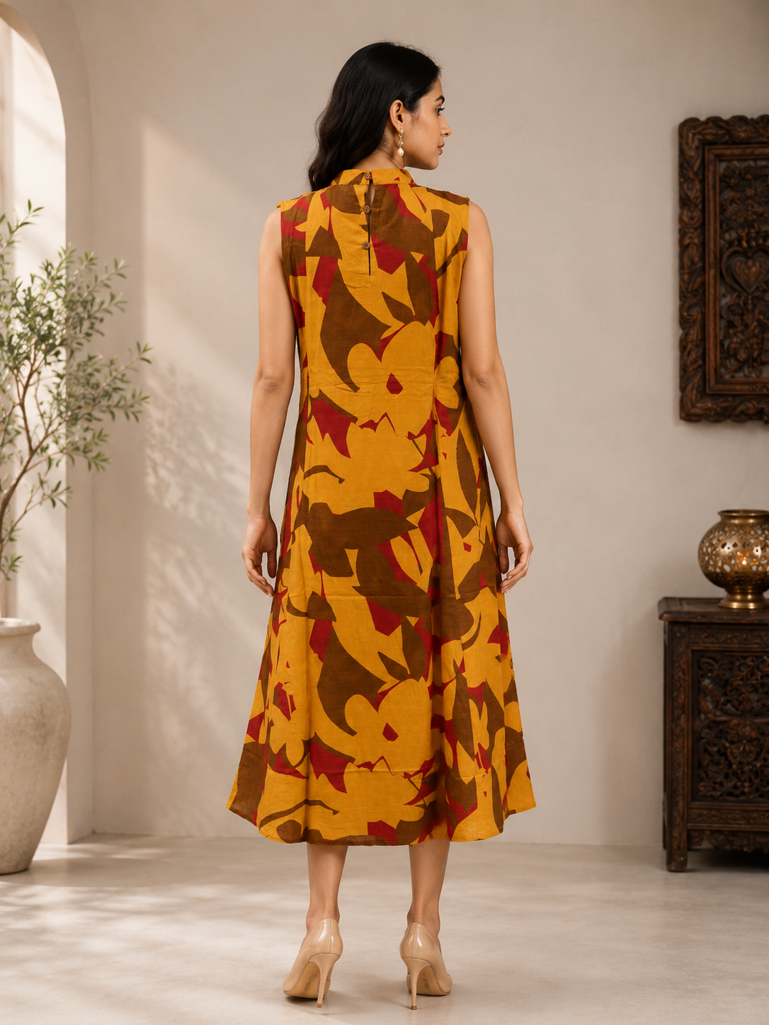 Mustard Yellow Muslin Silk Floral Printed A-Line Dress for Women