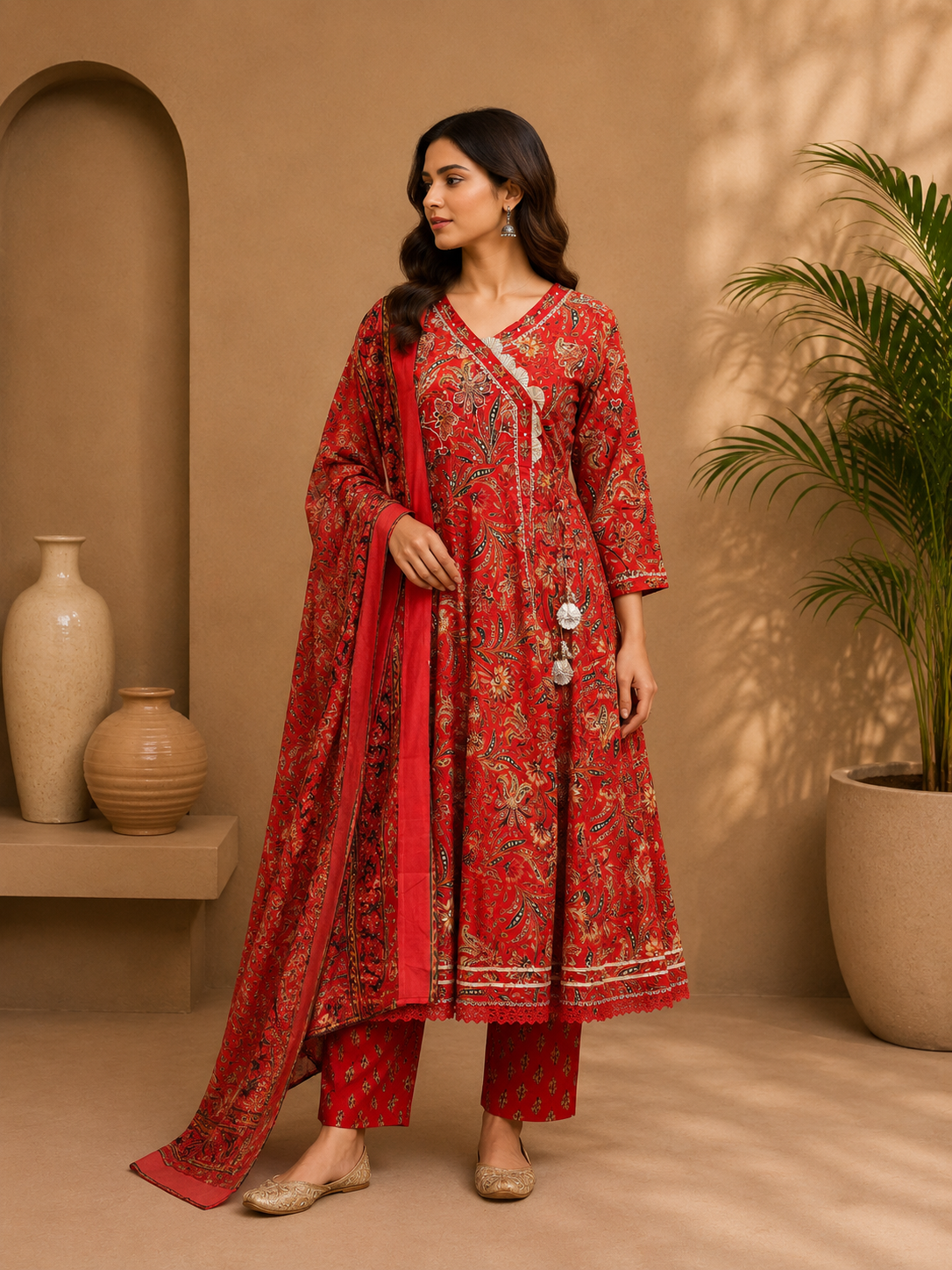 Women's Cotton Angrakha Kurta Pant Set with Dupatta & Gota Patti Work
