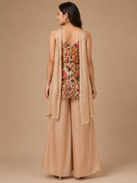 Beige Floral Printed Silk Peplum Top with Palazzo Pants Co-ord Set