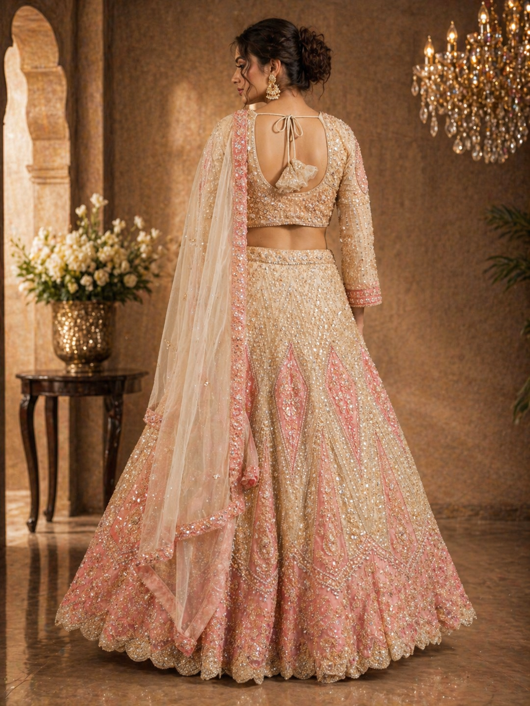 Women's Blush Pink & Gold Embroidered Net Lehenga Choli with Dupatta