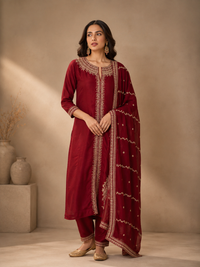 Maroon Front Cut Vichitra Silk Kurta Set with Embroidered Dupatta
