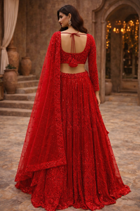Bridal Red Heavy Embroidered Net Lehenga Set with Dupatta